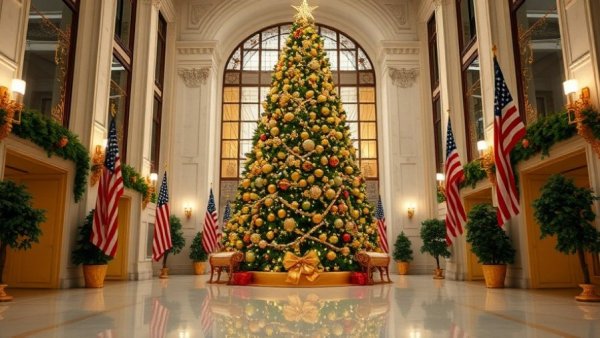 Elegant Christmas tree in a decorated hallway with American flags.