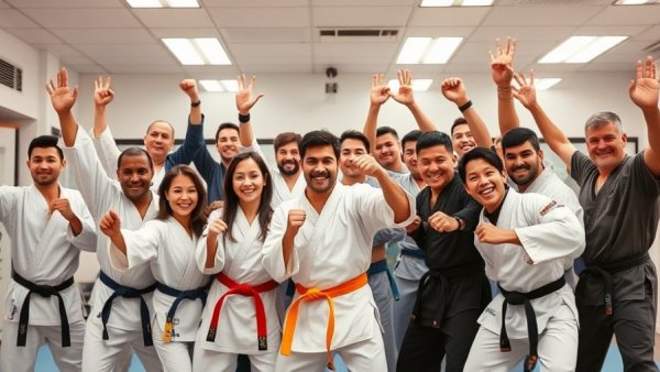 Energetic martial arts class in Gurnee with diverse group posing.
