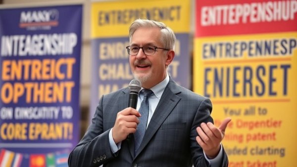 UMSL event speaker discussing SBA grant with vibrant backdrop.