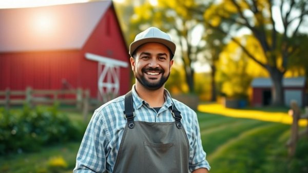 Confident farmer in apron stands by red barn in sunny countryside, symbolizing Xero small business financial growth.