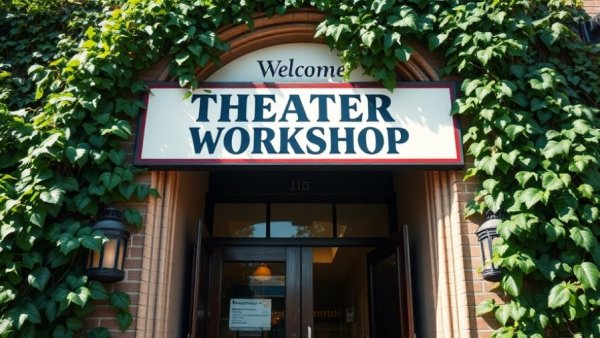 Theater workshop entrance promoting community-driven business growth.