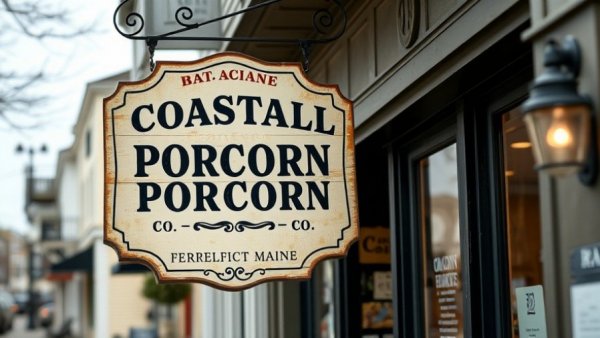 Charming storefront sign of Coastal Maine Popcorn Co. on a quaint street.