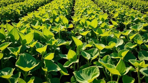 Green bean plants growing in Michigan research field, vibrant sunlight.
