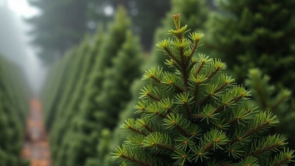 Vibrant Christmas tree at Michigan tree farm, overcast day