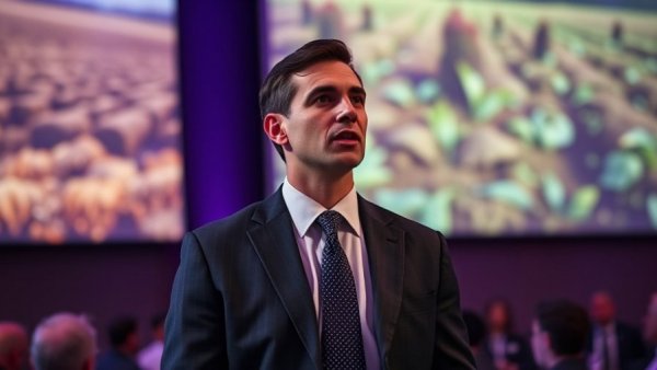 Man speaking at Michigan agriculture event with farming backdrop.