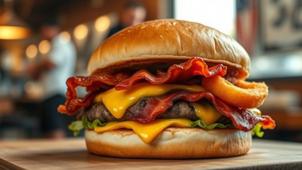 Delicious Michigan deli lunch specials burger with onion rings.