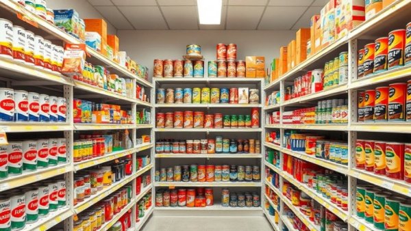 Organized food pantry shelves stocked with canned goods, labeled.