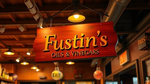 Fustini's Oils & Vinegars sign in warmly lit store interior.