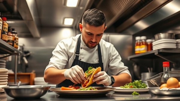 Chef preparing a dish in a stainless steel kitchen