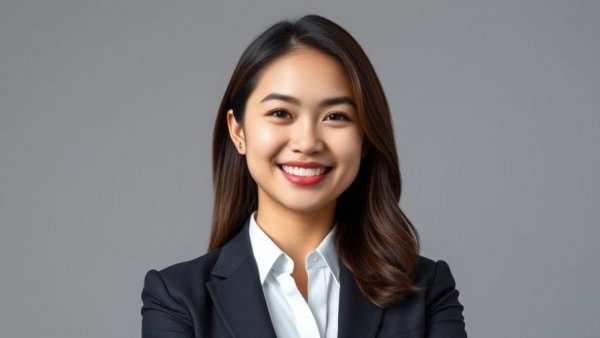 Confident young professional woman smiling, formal portrait, Grand Rapids Michigan economy developments.