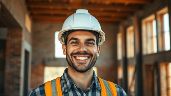Close-up of a smiling construction worker, warm lighting, Michigan construction workforce.
