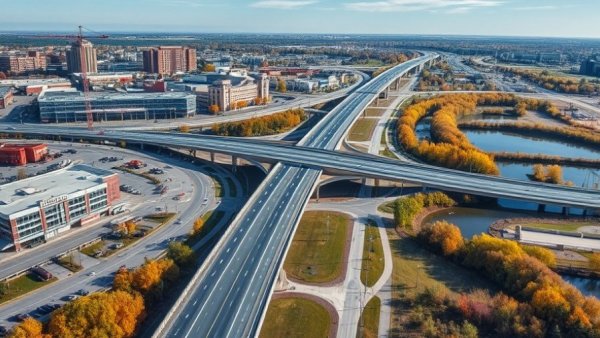 Aerial view of highly modified asphalt highway in Michigan with construction.