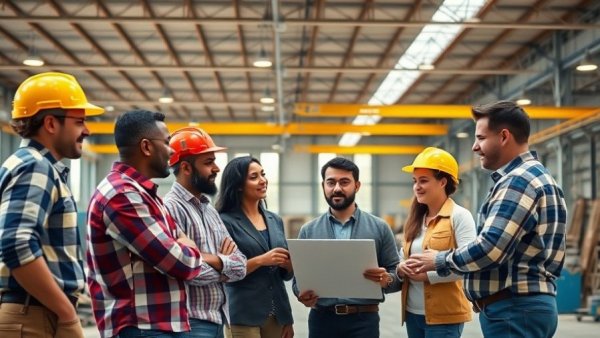 Construction trainees in an industrial workshop collaborating on a project.