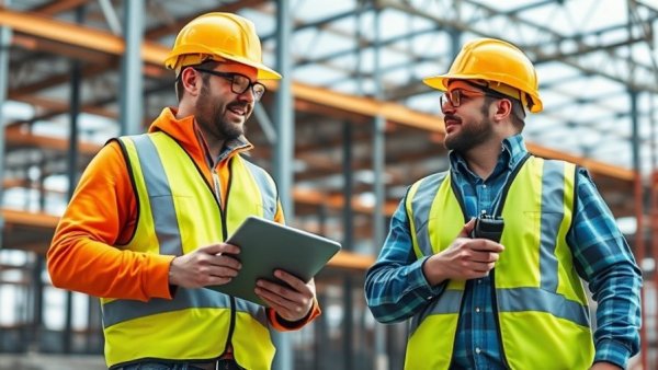 Construction workers discussing project at a site, Michigan Tech.