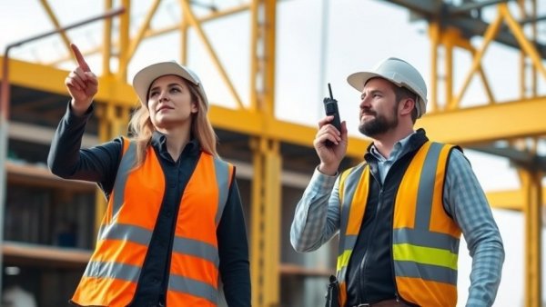 Construction workers discussing at site, Michigan Tech degree relevance.