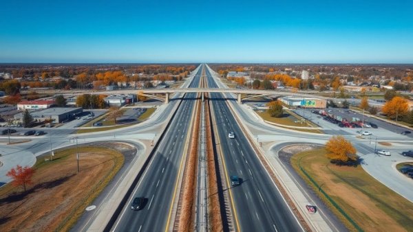 Aerial view of highly modified asphalt highway in Michigan with autumn scenery.