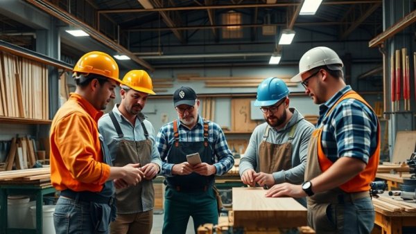 Construction workshop with mentor guiding workers in Michigan.