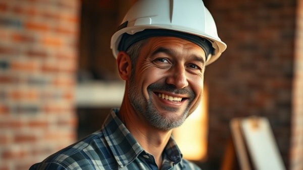 Smiling construction worker in a Michigan site, natural lighting.