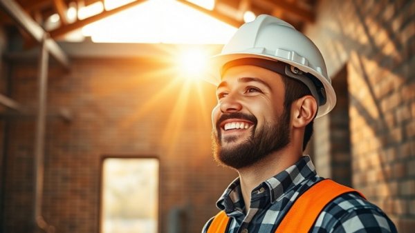Smiling construction worker wearing hard hat, Michigan construction workforce immigrants.