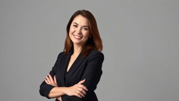 Woman in black blazer smiling confidently against grey background.