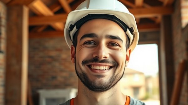 Smiling construction worker in hard hat, Michigan construction workforce immigrants.