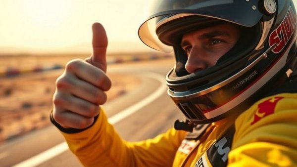 Race car driver giving thumbs up at automotive streaming platform event.