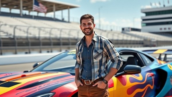 Kane Brown with cars at automotive tour near racetrack.