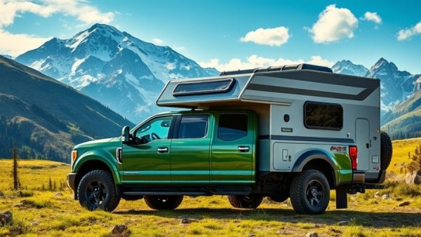 3D automotive CPQ platform for RV builders showcasing a camper attached to a truck in a mountainous landscape.