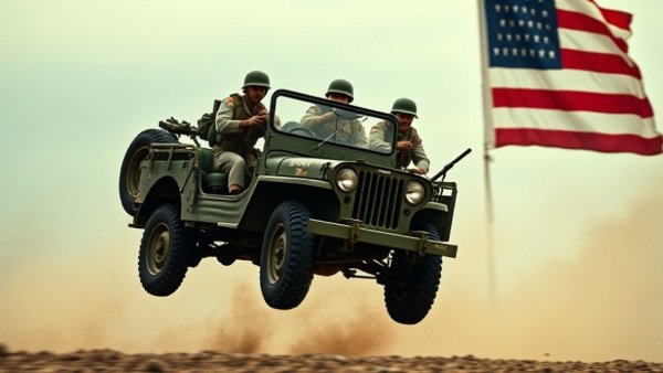 WWII Jeep engineering achievements illustrated in airborne military scene