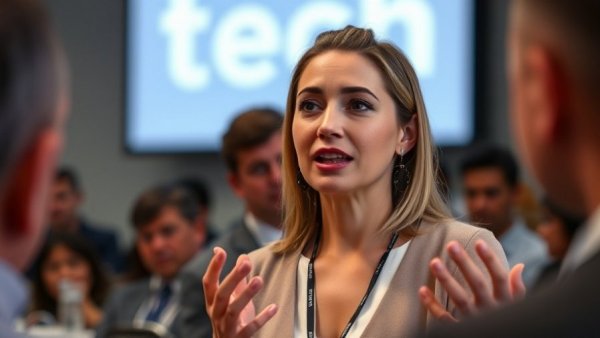 Confident speaker presenting at tech event.