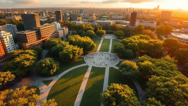 Aerial view of park showcasing local tourism investments, sunset glow.
