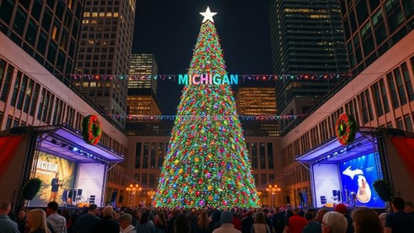 Michigan Christmas weather forecast with festive tree lighting.