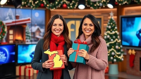 Give the Gift of Michigan Sweepstakes on broadcast set, women examining gifts.