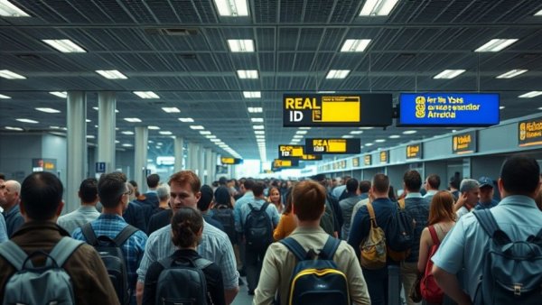 Travelers at airport security near REAL ID sign in Michigan