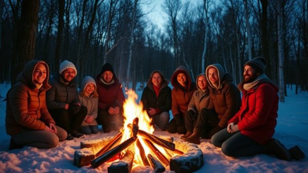Enjoying a winter bonfire during a candlelight hike in Michigan's snowy forest.