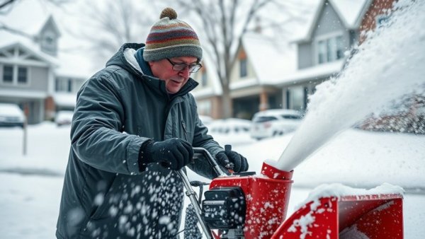 Elderly man clearing lake effect snow in Michigan with a snowblower.