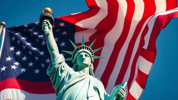 Statue of Liberty with American flag background, symbolizing Michigan tourism decline.