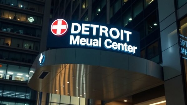 Detroit Medical Center sign at night for Michigan flu cases visitor policy update.