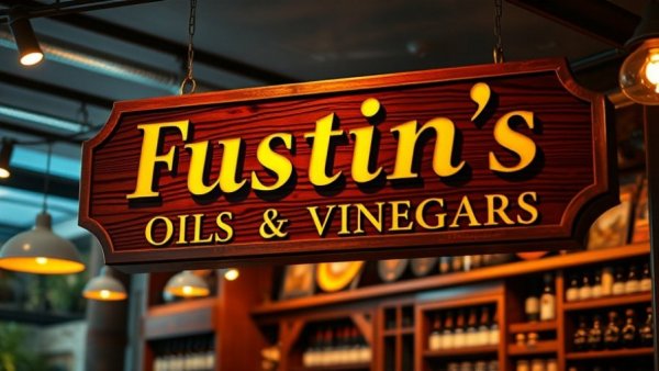 Fustini's Oils & Vinegars store sign highlighting charitable giving ambiance.