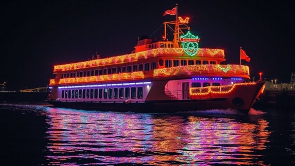 S.S. Badger ferry illuminated with holiday lights on a night cruise.