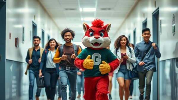 Determined individuals with university mascot in corridor, bright lighting.
