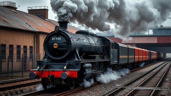 North Pole Express Michigan steam engine moving on tracks in industrial yard.