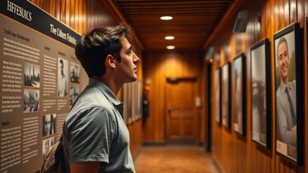 Visual history display with a man observing, showcasing union history.