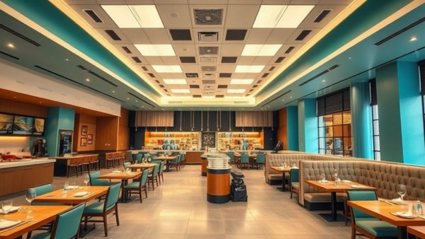 Modern dining hall in Michigan featuring sushi bar and vibrant decor.