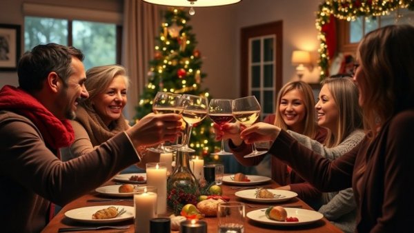 Festive group celebrating Christmas dinner to go in cozy Kalamazoo home.
