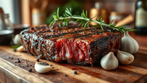 Juicy rare steak on wooden board with rosemary, pepper, and garlic.