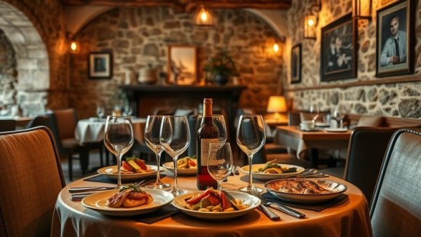 Gourmet dining experience in rustic stone-walled restaurant