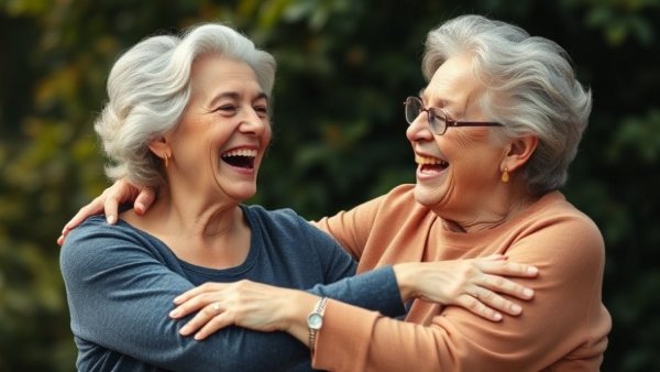 Joyful senior women embracing outdoors, demonstrating benefits of gratitude.