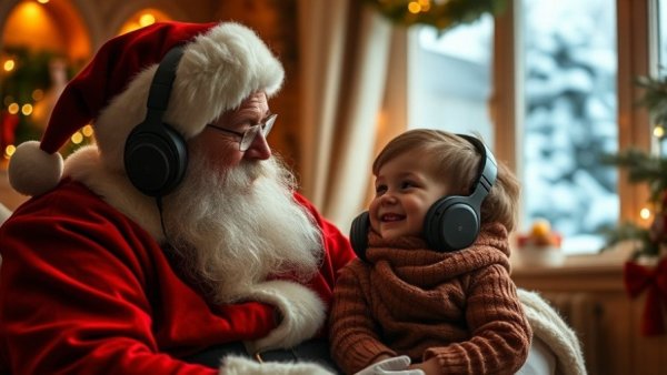 Sensory-friendly Santa with child wearing headphones, festive setting.