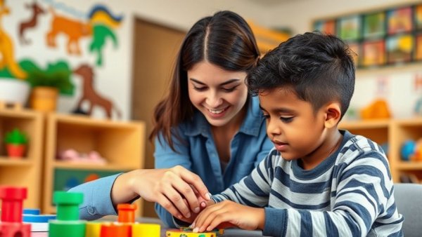 Therapist assisting young adult in colorful autism therapy room in New Jersey